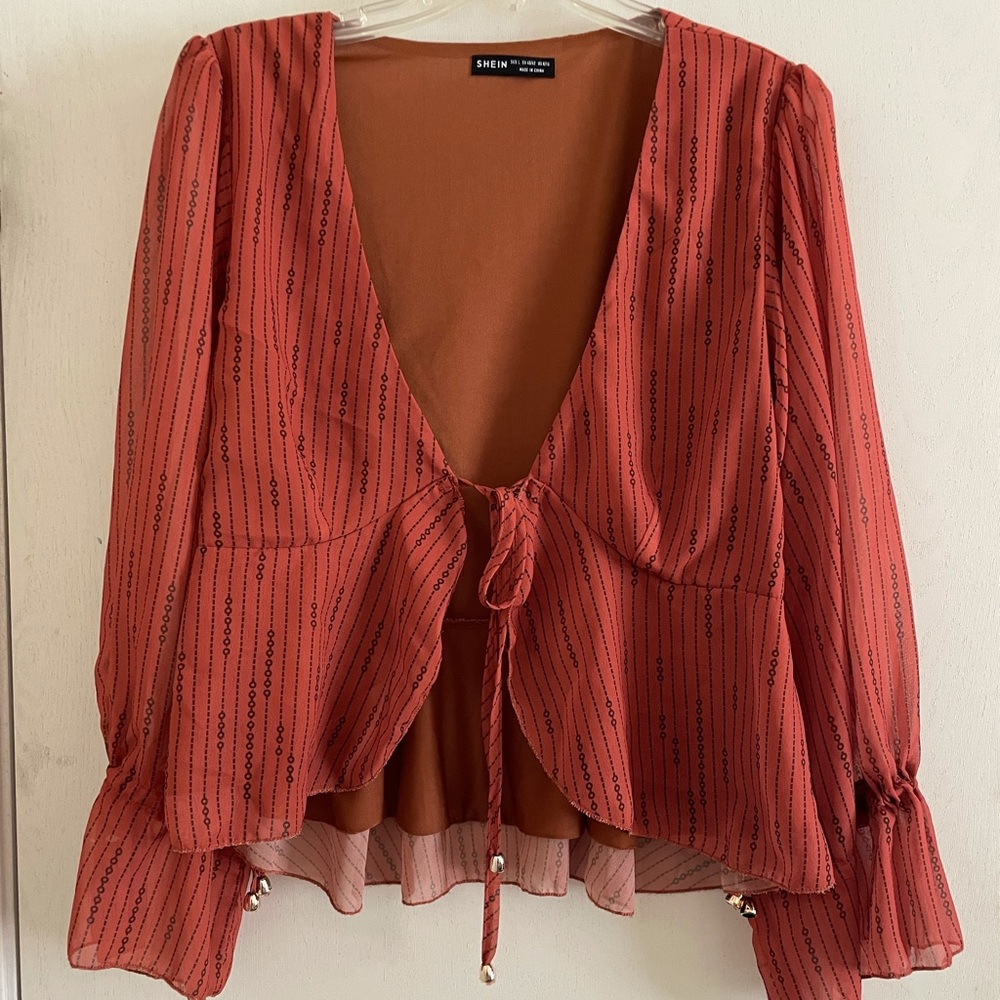 Long sleeve tie front top with sheer sleeves